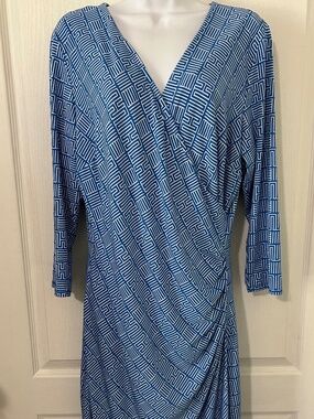 Dress Faux Wrap Ruched Blue White Geometric Office Siren Retro Glam